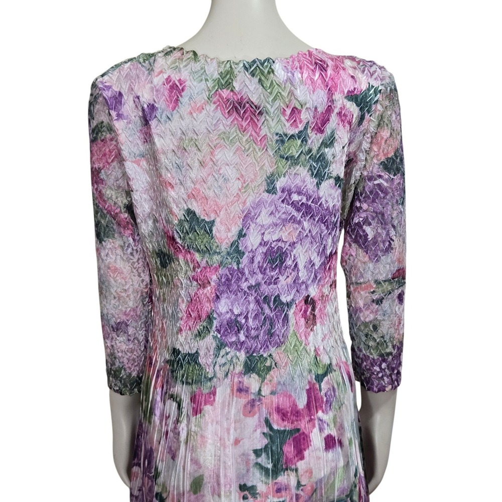Komarov Maxi Dress XL Purple Floral Pleated Lace Trim Watercolor Crinkle Garden - Picture 8 of 14
